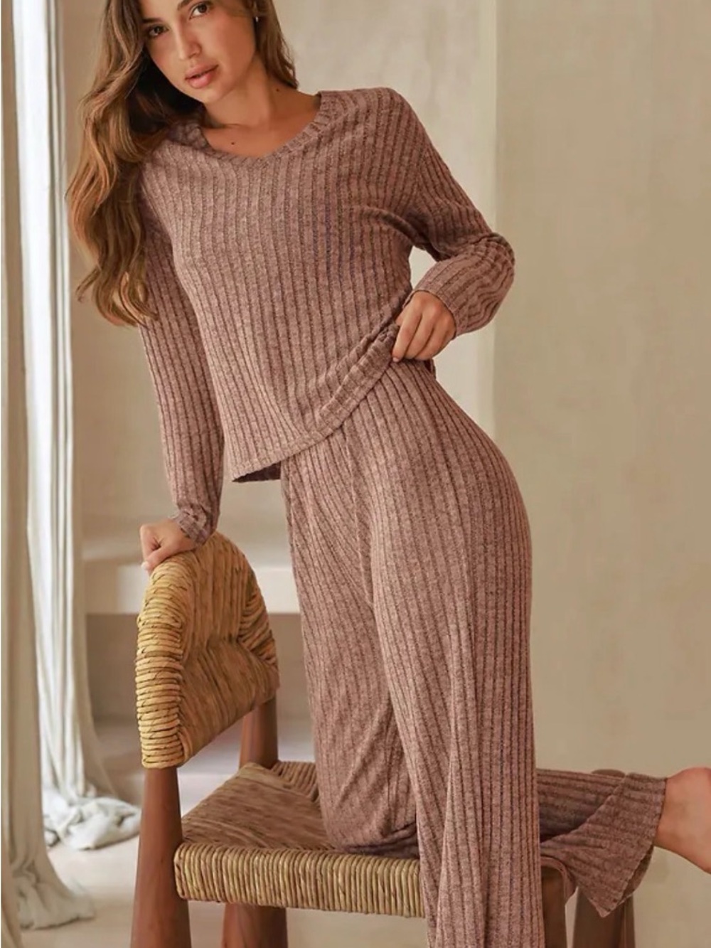 Cupshe Cozy Ribbed Lounge Set - Dusty Rose